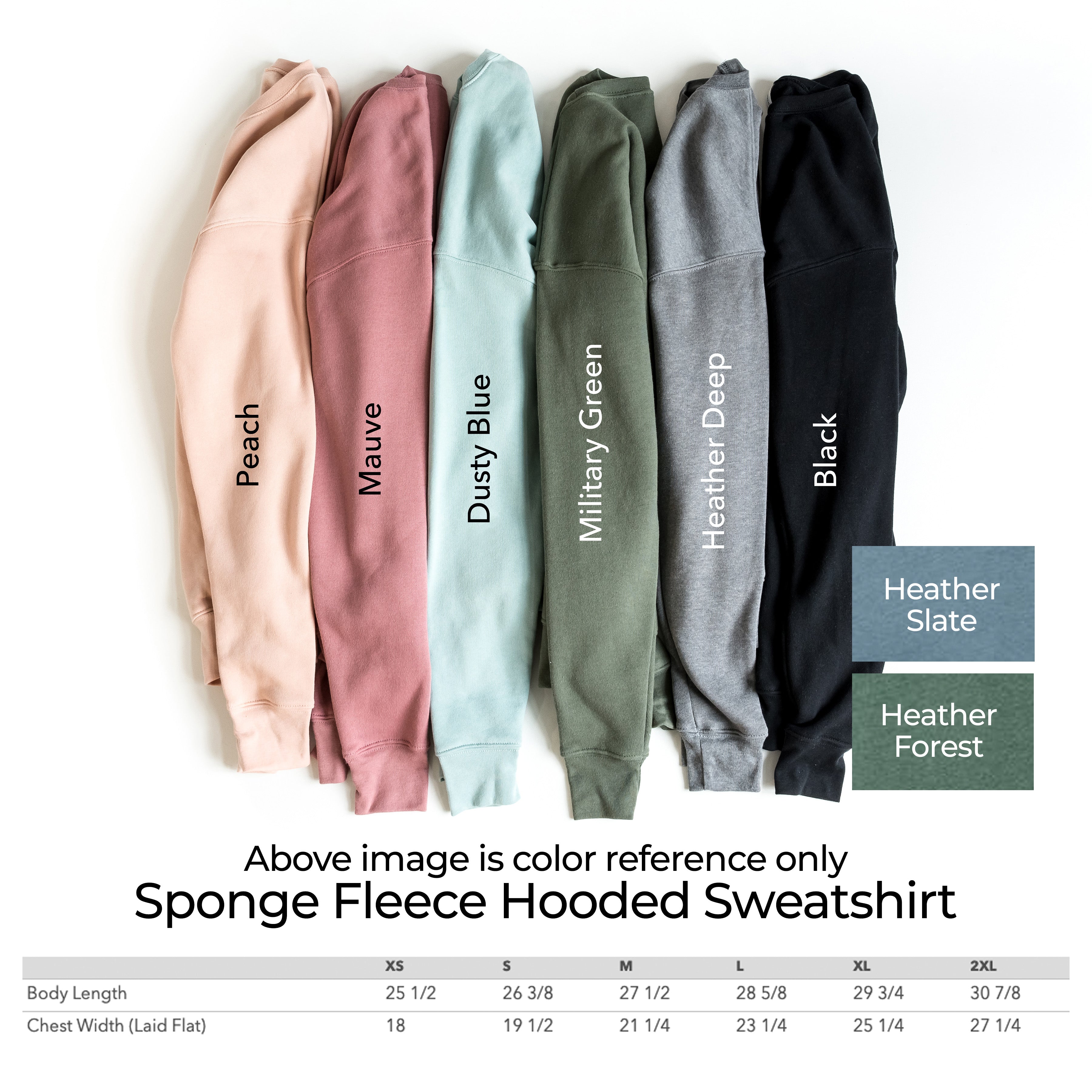 Color swatches for sponge fleece hooded sweatshirt: peach, mauve, mint, military green, black