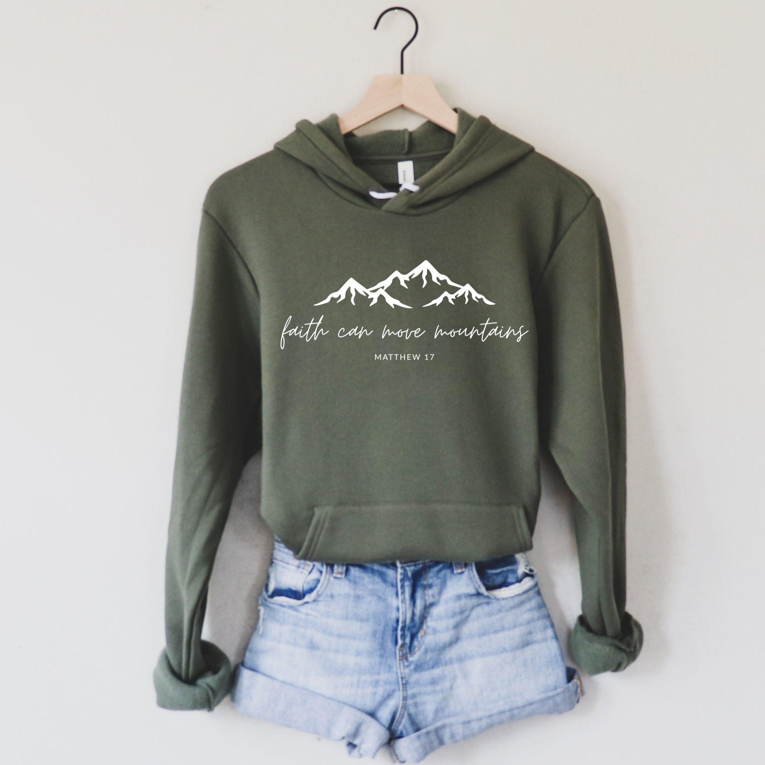 Military green sponge fleece hooded sweatshirt with faith mountain graphic
