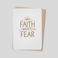 Inspirational greeting card with gold “FAITH OVER FEAR” text and sunrise icon