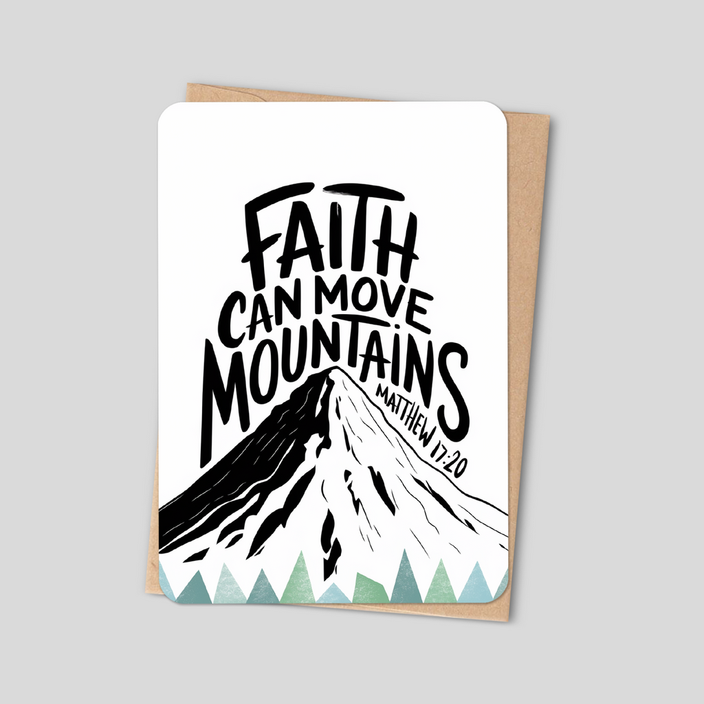 Bible verse card with faith lettering, mountain graphic, and Matthew 17:20 text