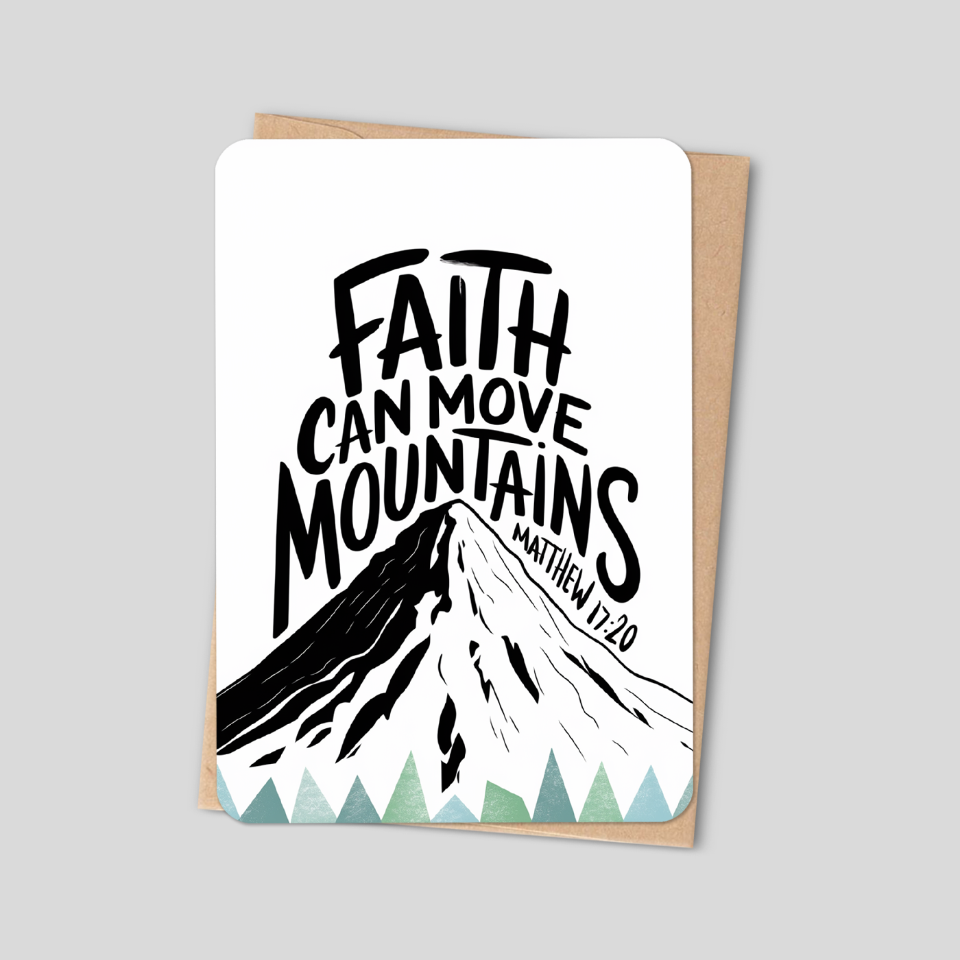 Bible verse card with faith lettering, mountain graphic, and Matthew 17:20 text