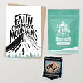 Christian gift set card with black faith quote and mountain illustration