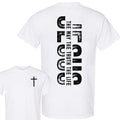 White t-shirt with black cross and faith quote graphic on the back