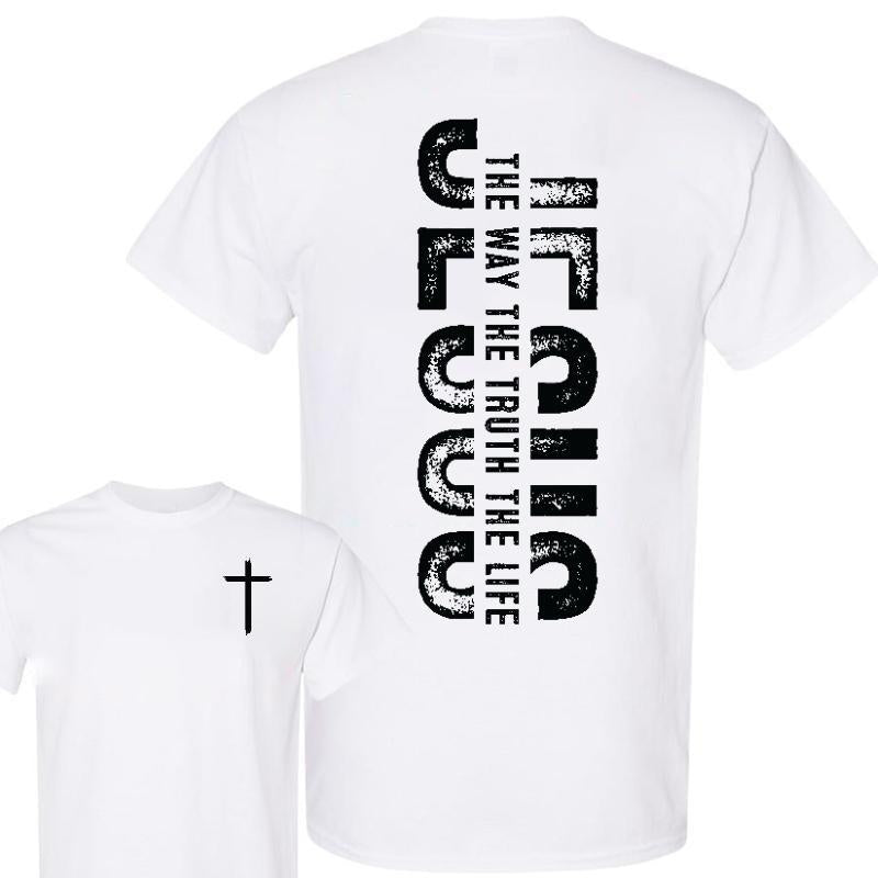 White t-shirt with black cross and faith quote graphic on the back