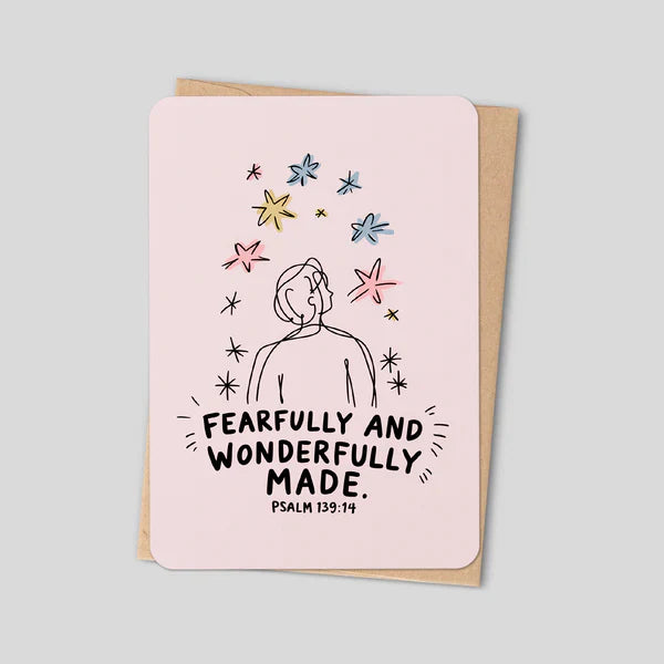 Faith note card with colorful stars and text 'Fearfully and wonderfully made'