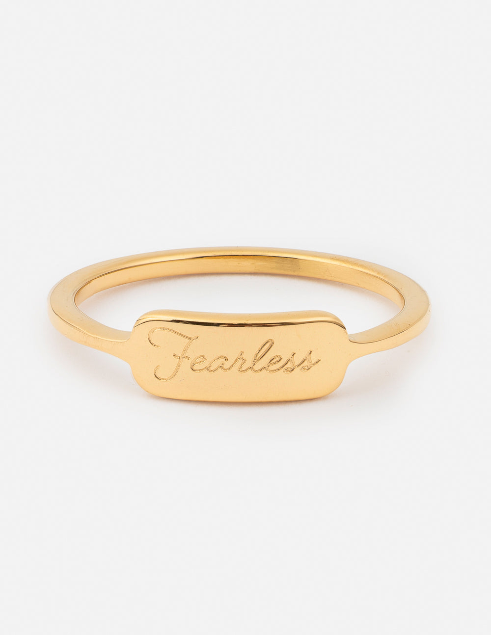 Gold Fearless signet ring with engraved front plaque