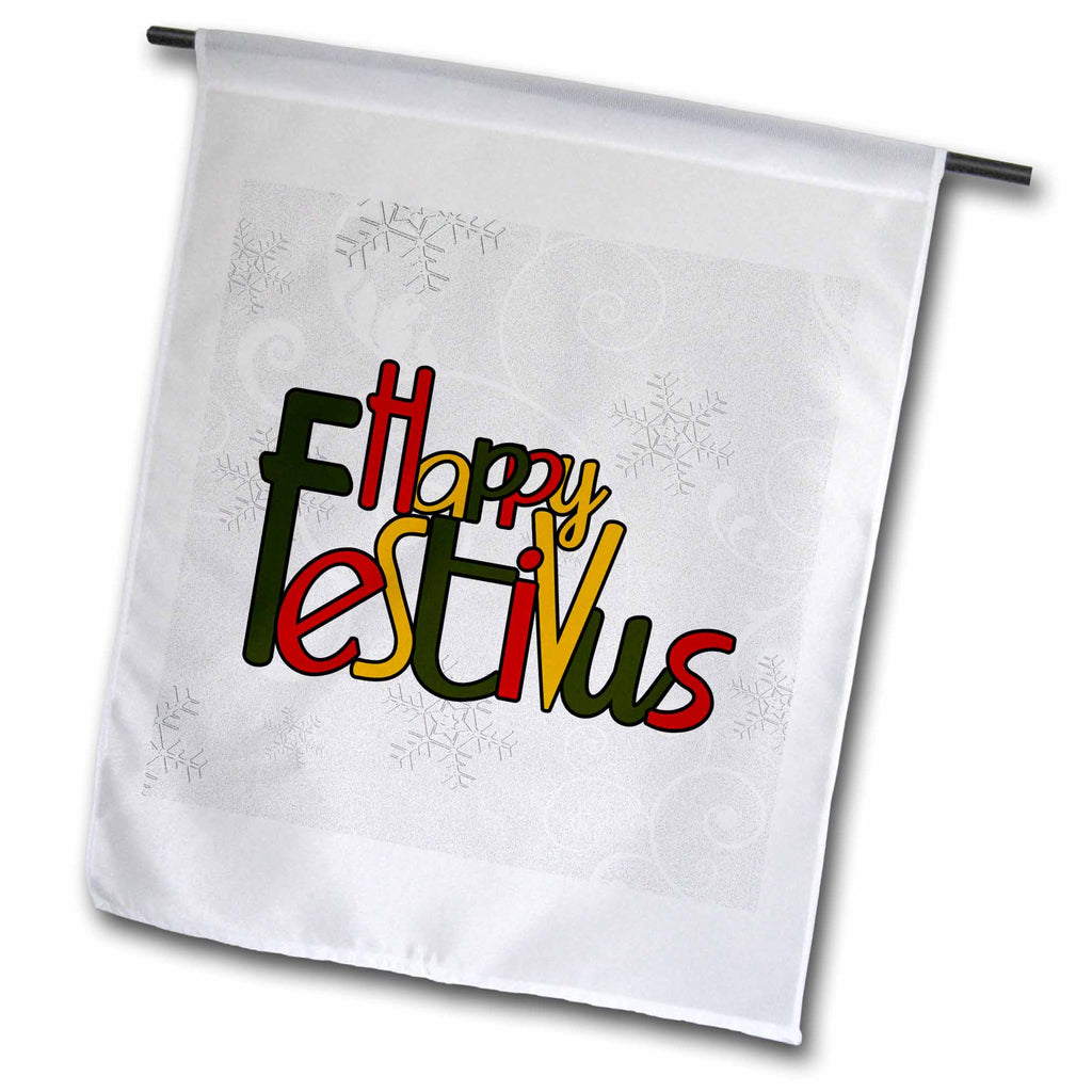 Garden flag: Happy Festivus letters in red, green, and black on white with snowflakes