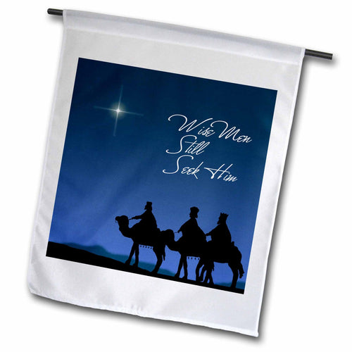 Wise men Christmas garden flag with star, blue sky, and silhouetted riders