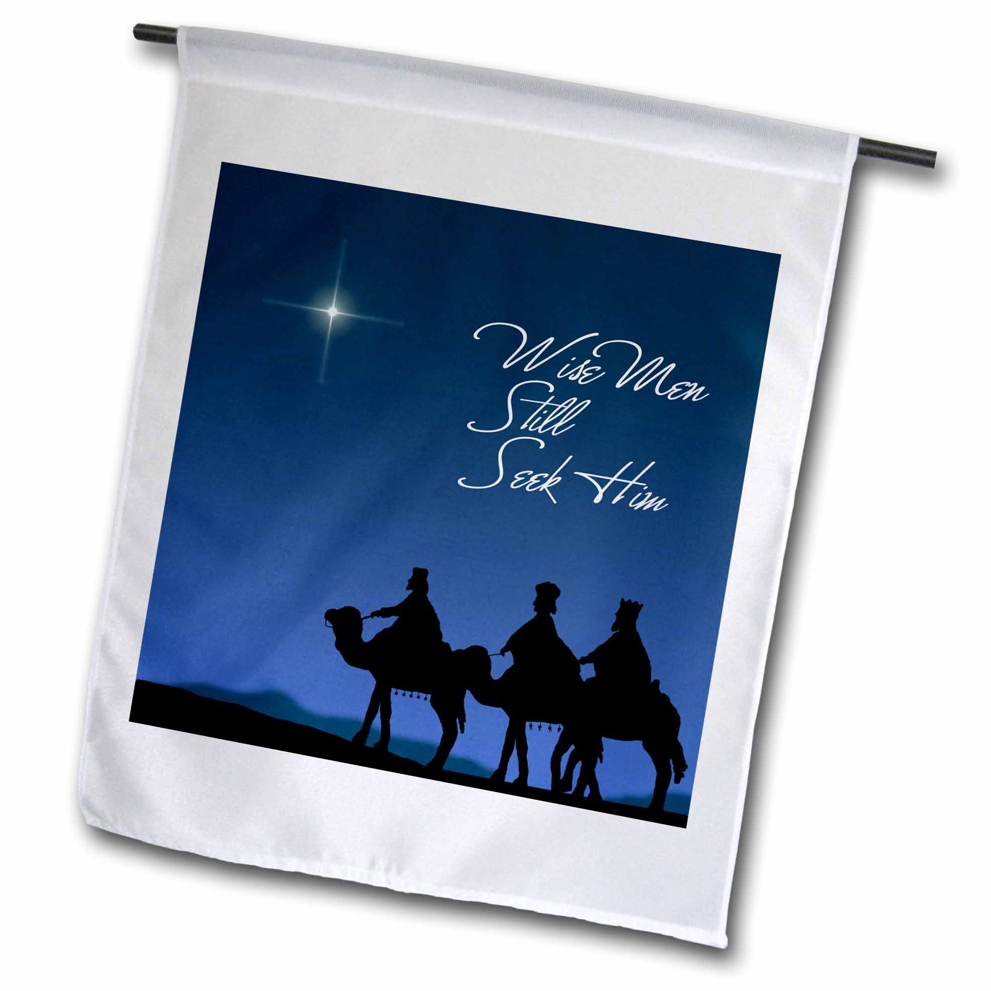 Christian garden flag featuring star above wise men and camels in dark silhouettes