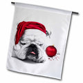 Garden flag with sleeping bulldog in red Santa hat and red Christmas ornament