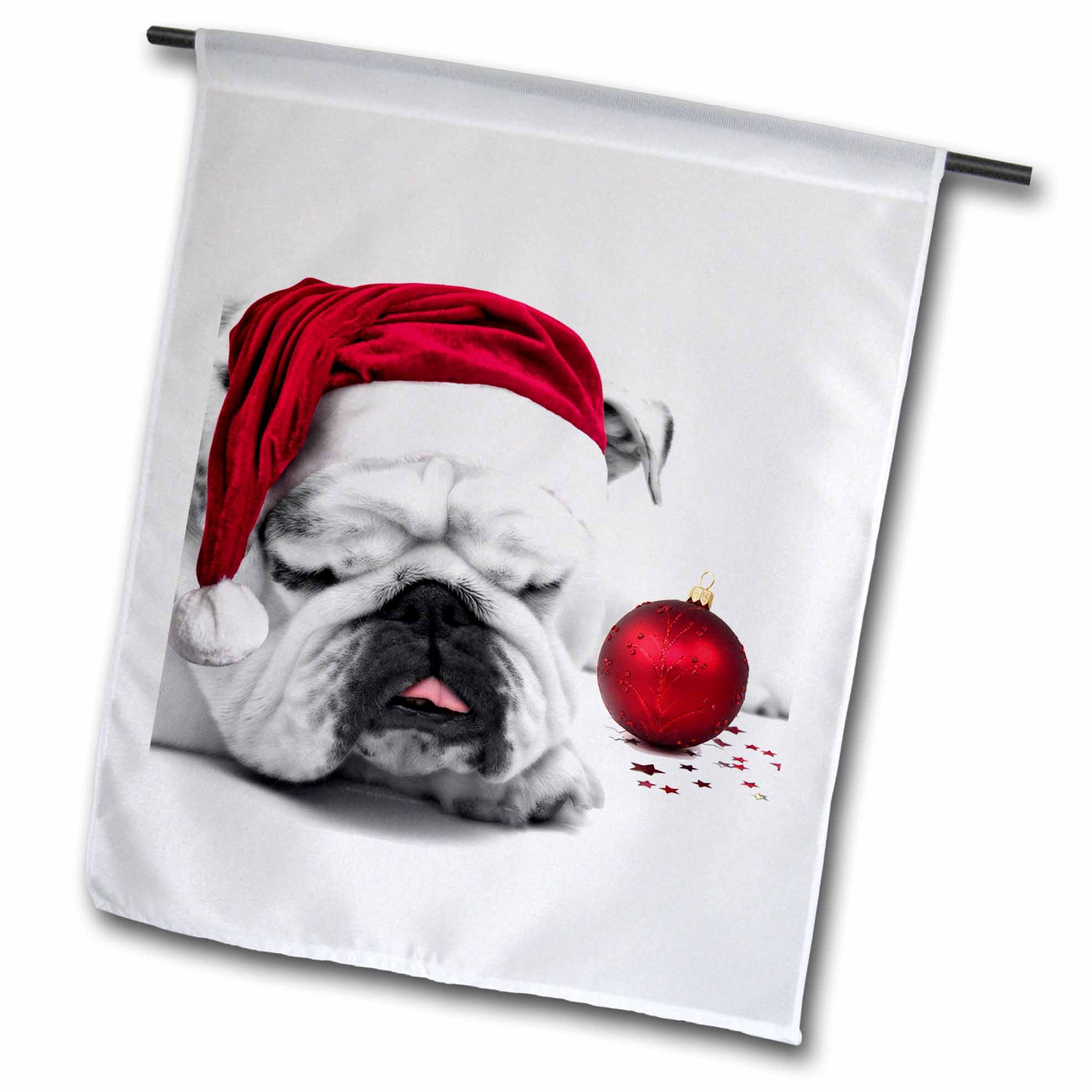 Garden flag with sleeping bulldog in red Santa hat and red Christmas ornament