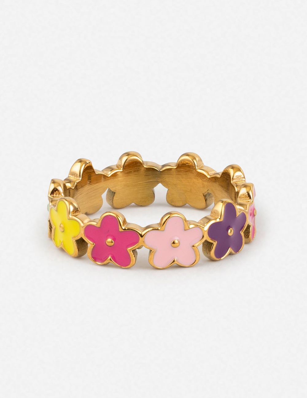 Gold-tone enamel flower band ring with purple and yellow floral motifs