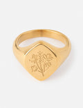 Gold-tone floral signet ring with engraved bouquet and leaf motif