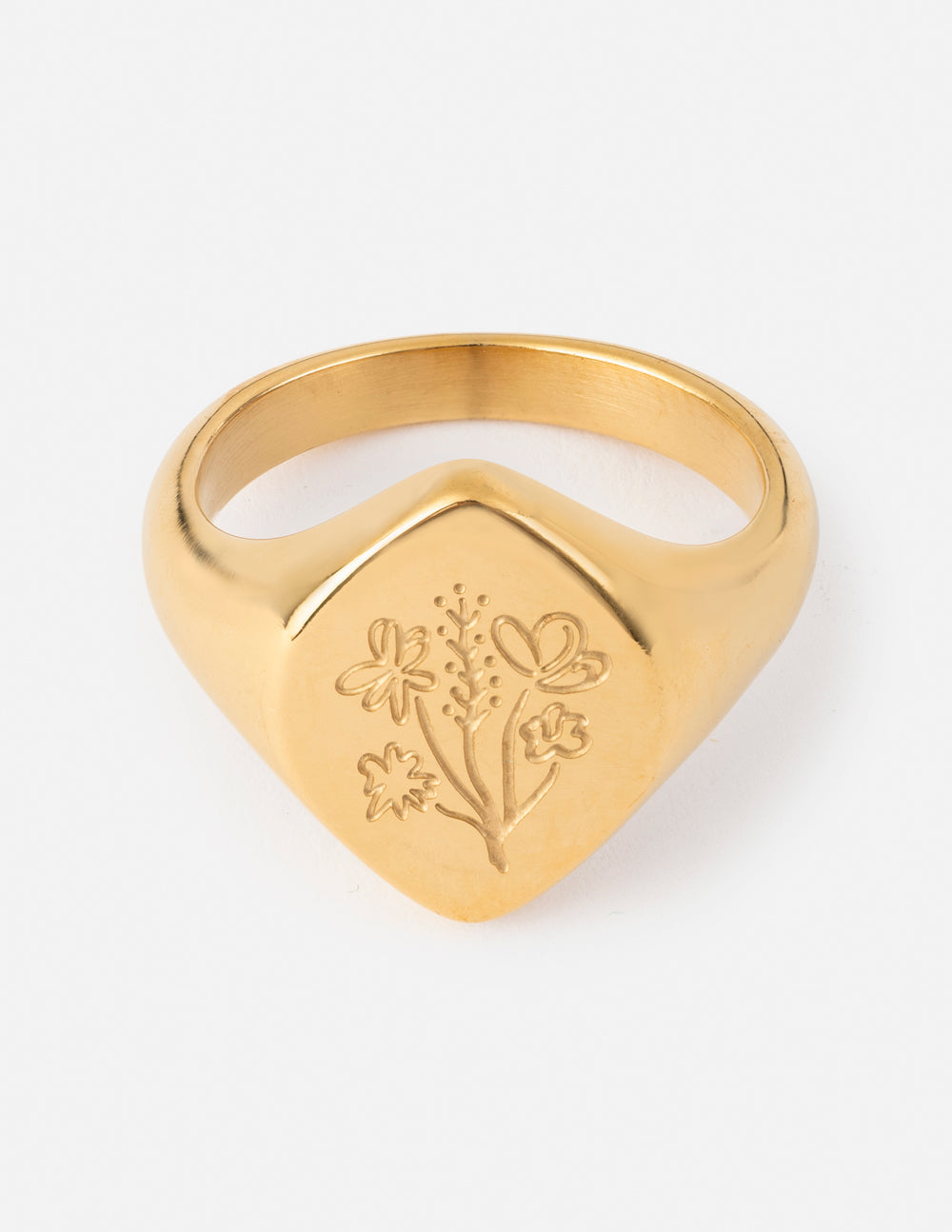 Gold-tone floral signet ring with engraved bouquet and leaf motif