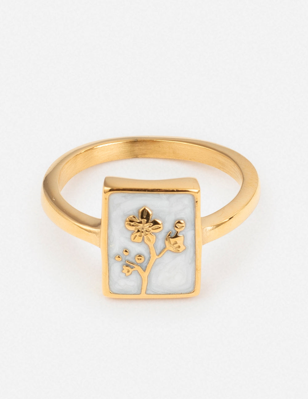 Gold-tone rectangular flower enamel ring with white and gold floral details