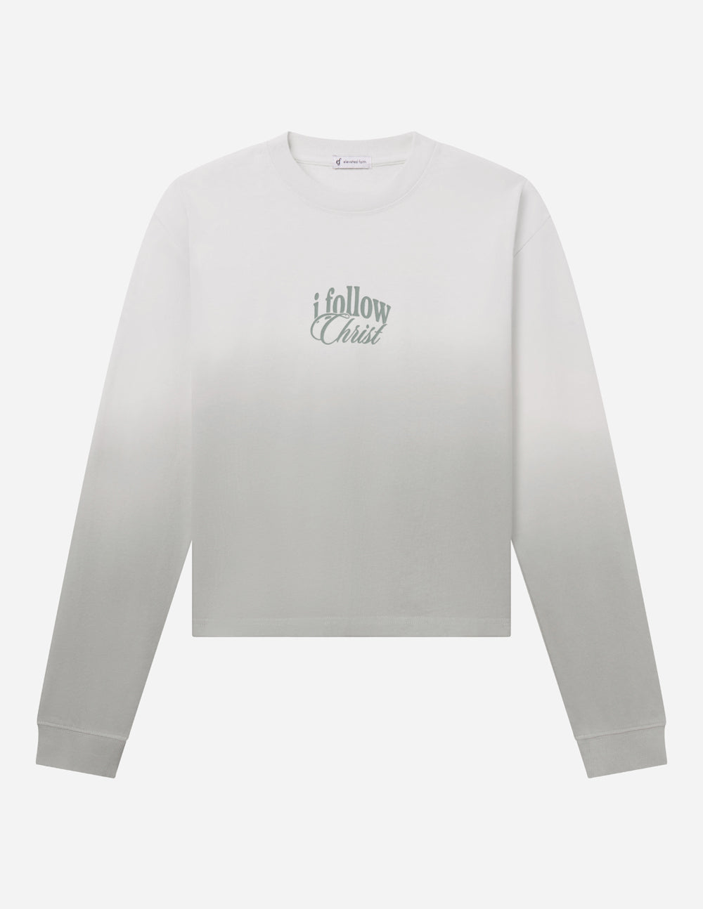 Light cream long-sleeve crewneck tee with 'i follow Christ' chest logo