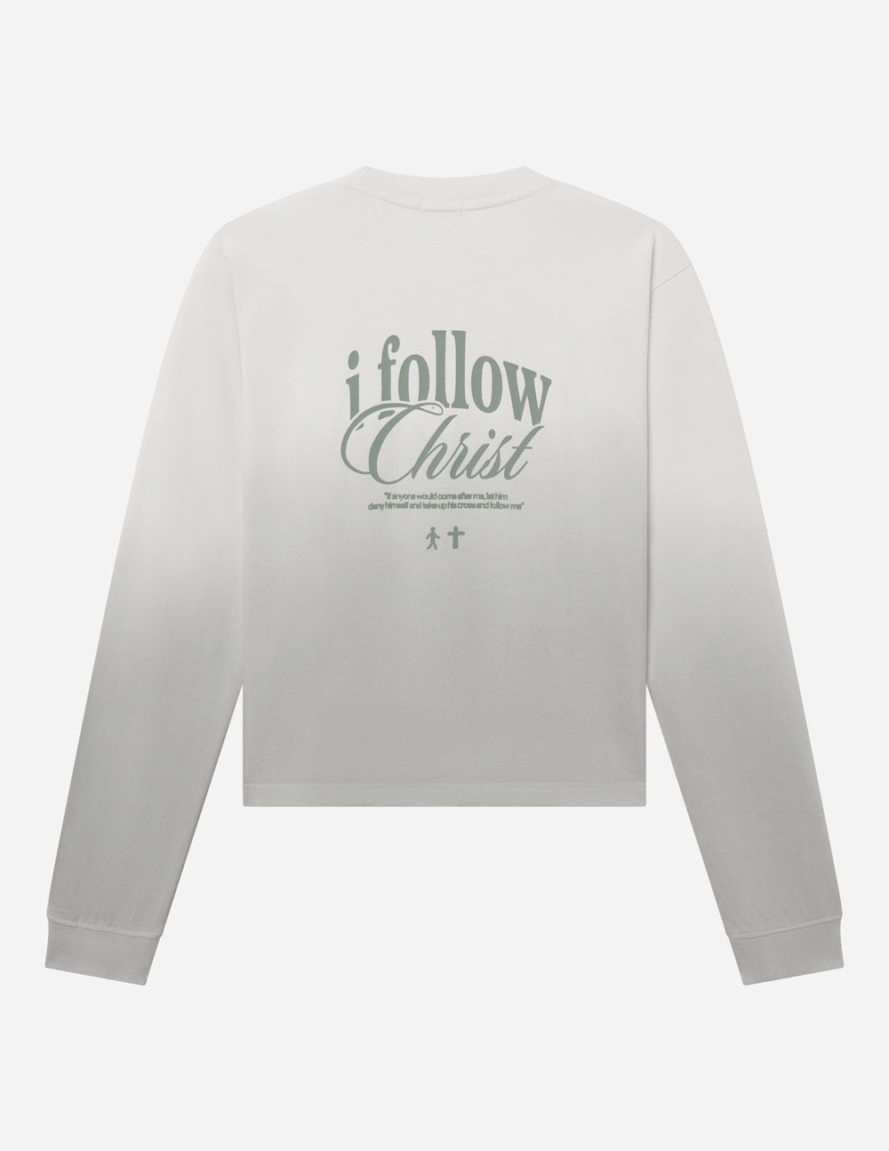 Light cream long-sleeve crewneck tee with 'i follow Christ' back logo