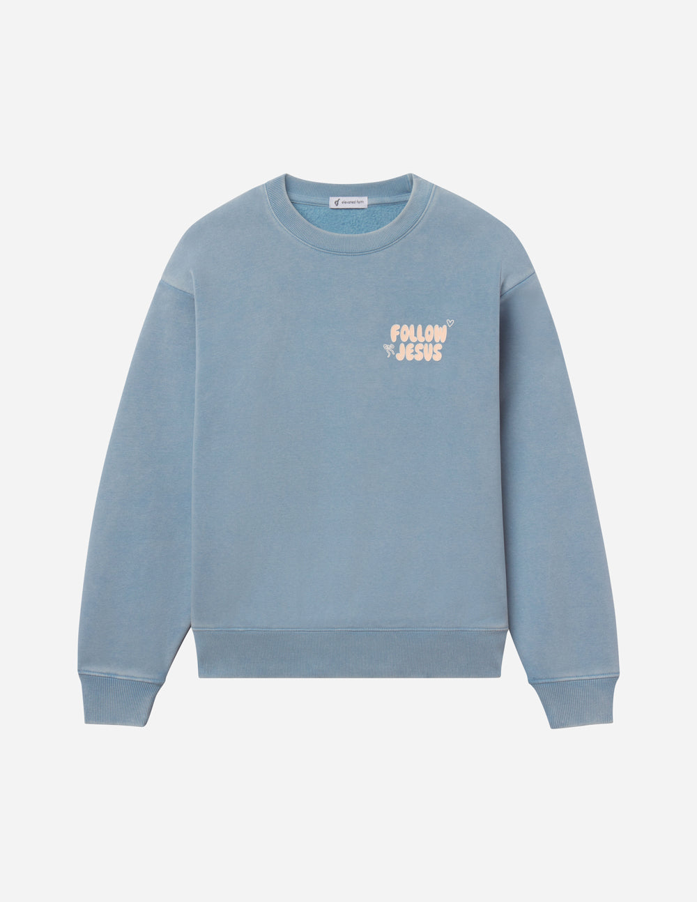 Light blue unisex crewneck sweatshirt, front with small “Follow Jesus” print