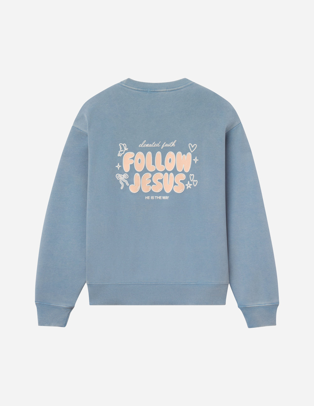 Light blue unisex crewneck sweatshirt, back with “Follow Jesus” graphic and stars