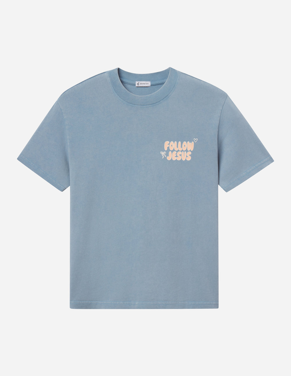 Unisex light blue T-shirt flat lay with small chest "Follow Jesus" print, short sleeves