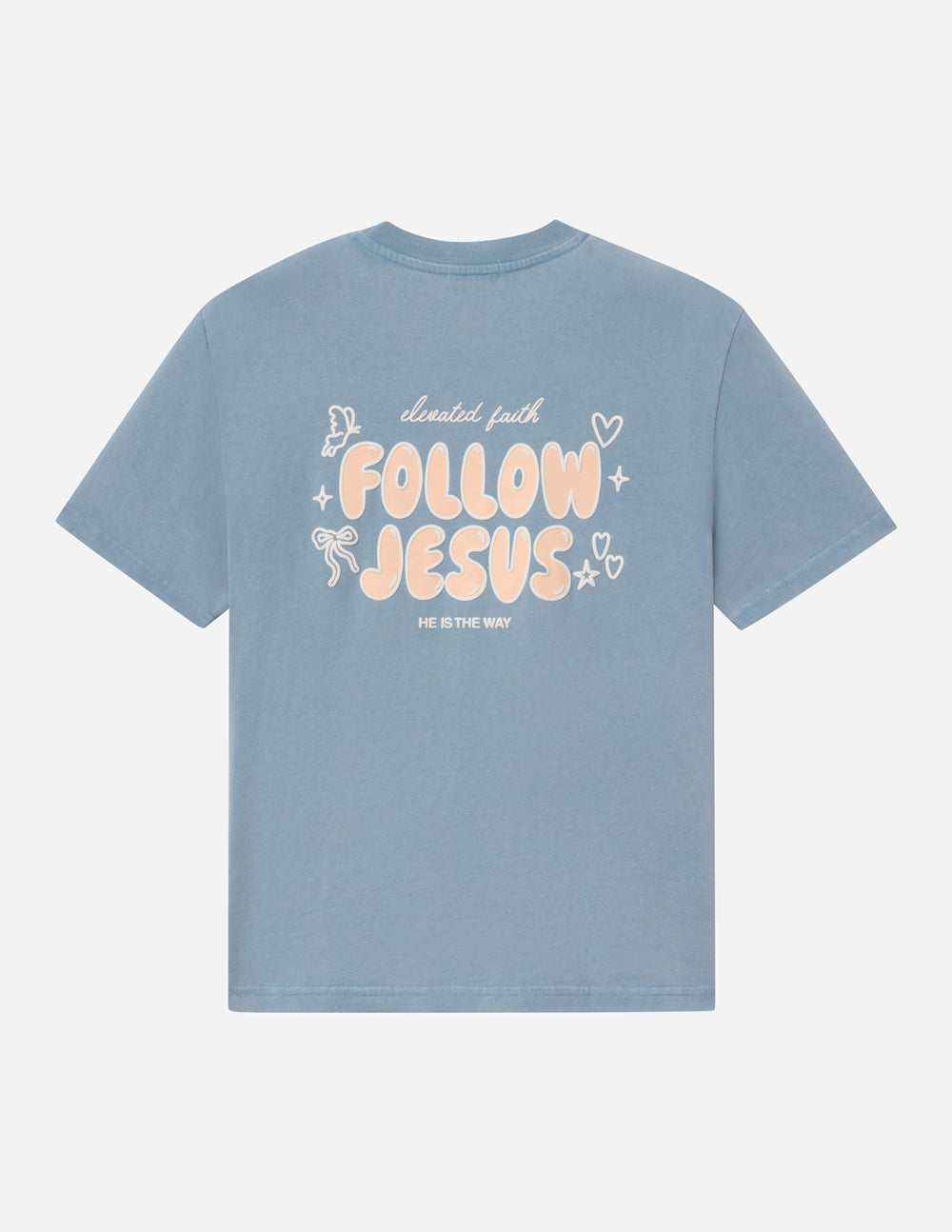 Unisex light blue T-shirt flat lay with large back "Follow Jesus" graphic, short sleeves