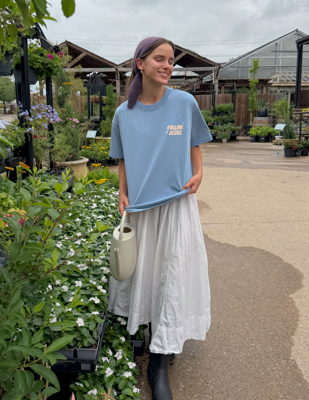 Unisex light blue T-shirt with short sleeves and small chest "Follow Jesus" print