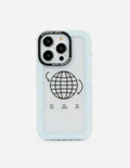 Blue phone case with black globe graphic and faith quote around edges