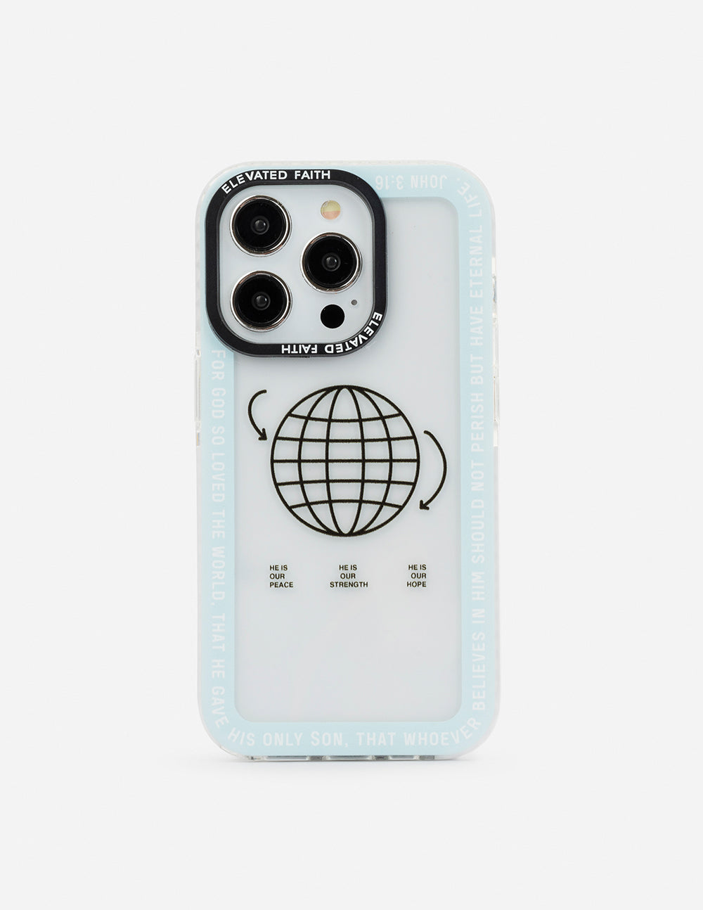 Blue phone case with black globe graphic and faith quote around edges