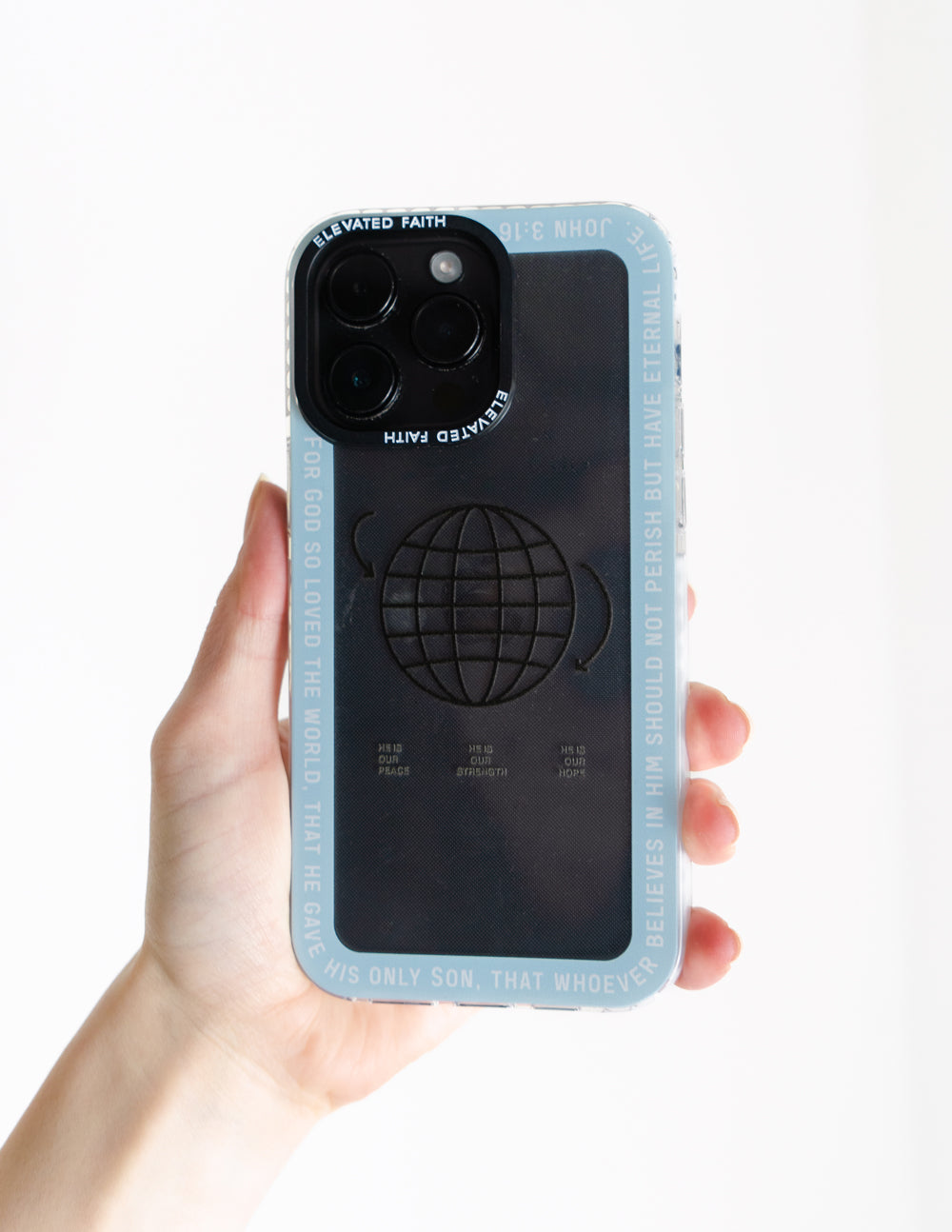 Dark blue phone case with black globe graphic and faith text around cameras