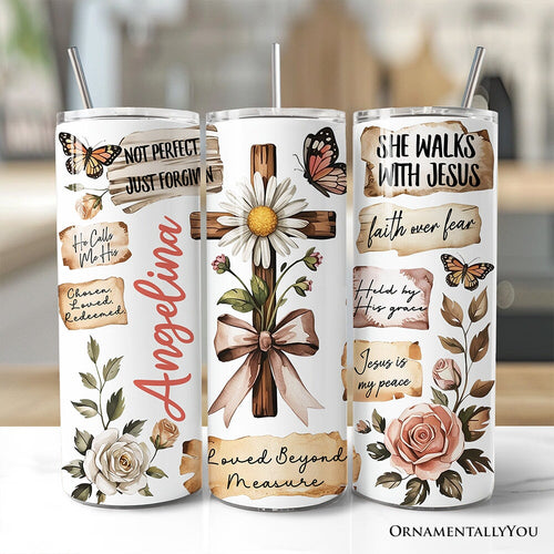 Personalized Christian tumbler with lid and stainless steel straw, vintage floral quotes design
