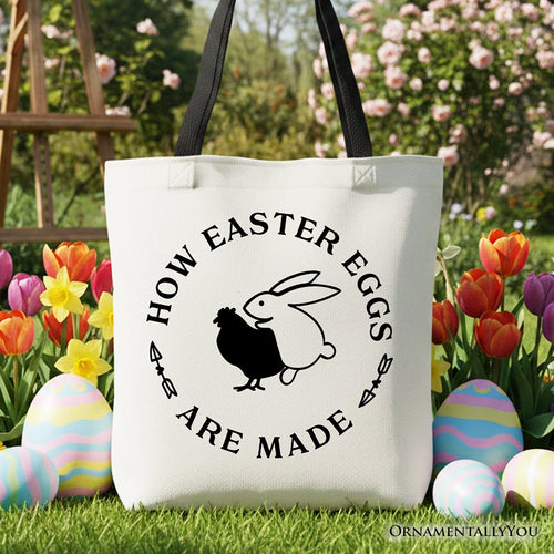 White tote bag with black handles, 'How Easter Eggs Are Made' print