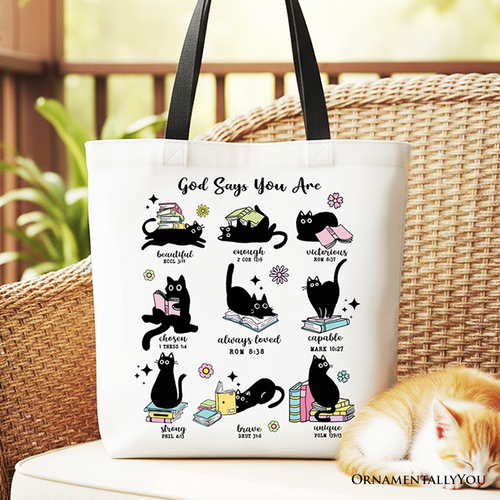 White tote bag with cat collage and scripture-style word art on the front