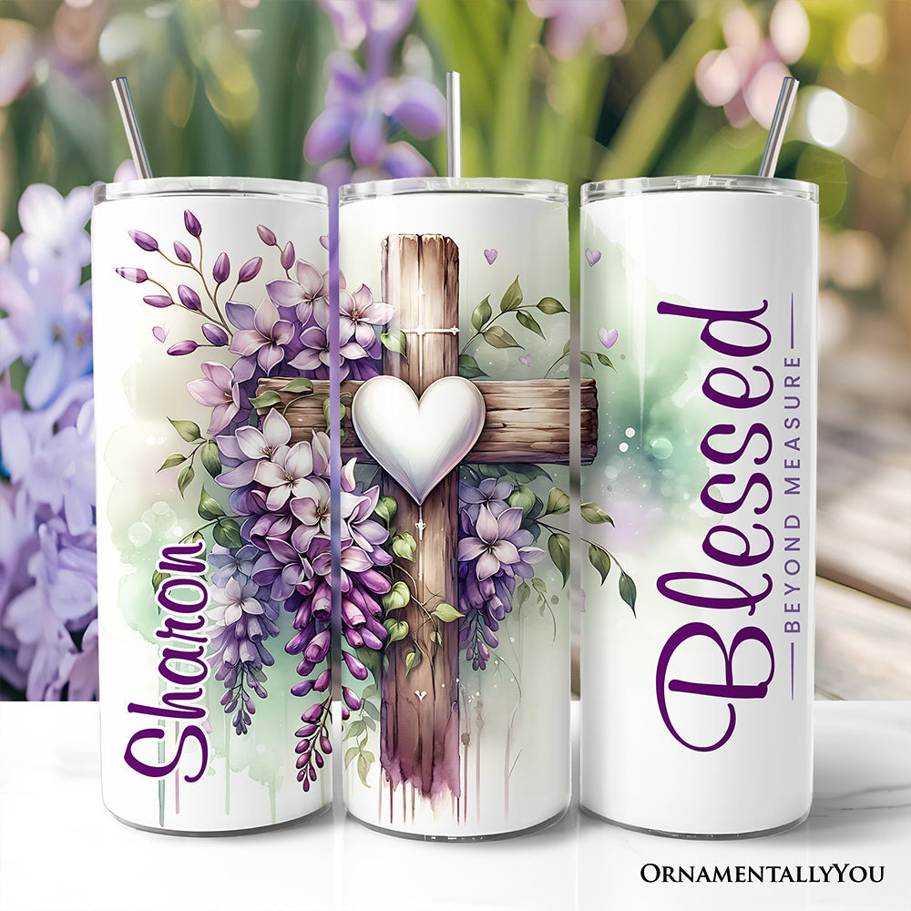 Purple wisteria tumbler with lid and stainless straw, floral cross design