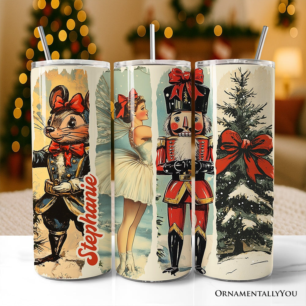 Insulated tumbler with lid, silver straw, vintage nutcracker and mouse graphics