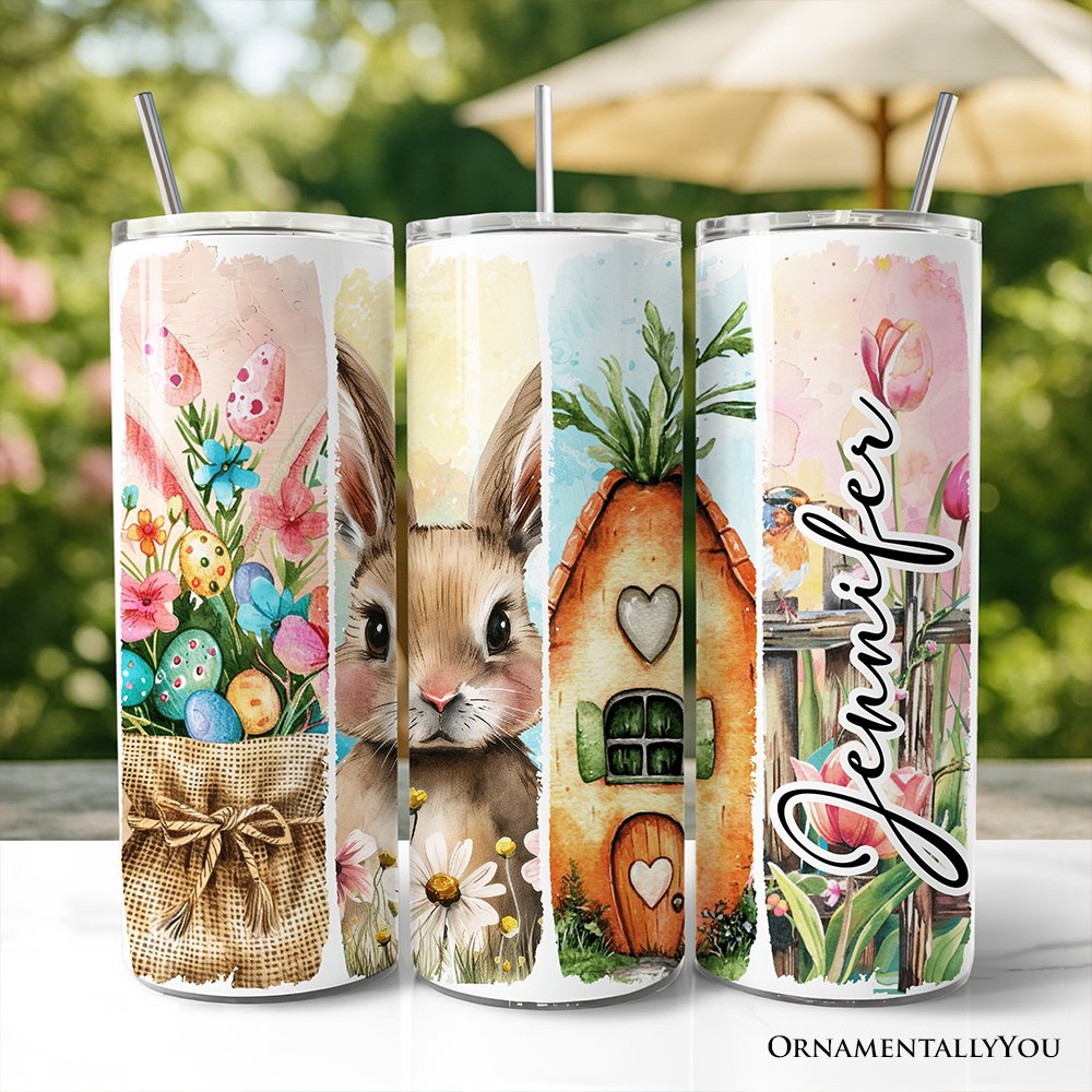 Pastel Easter bunny floral tumbler with clear lid and stainless straw