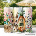 Pastel Easter bunny floral tumbler with clear lid and stainless straw