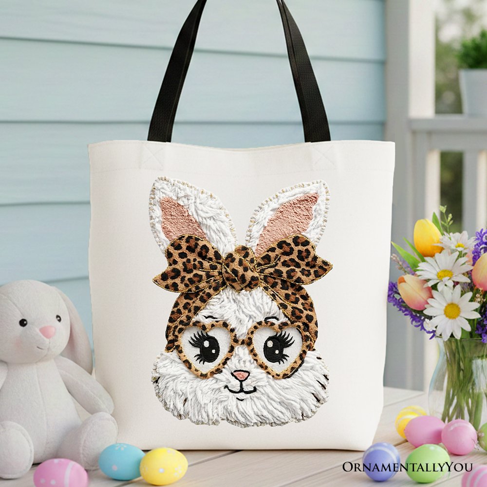 White tote bag with embroidered leopard bow and bunny face front