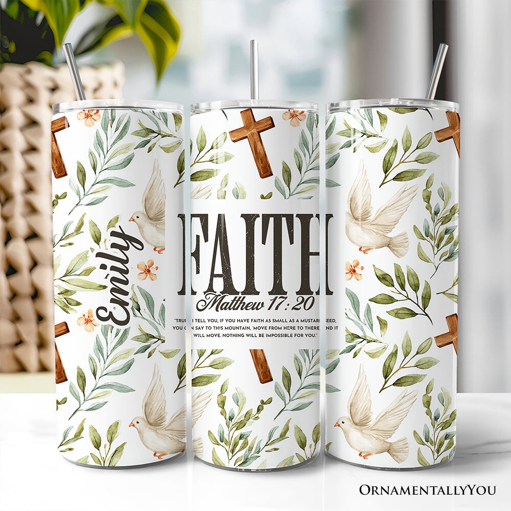 Personalized faith tumbler with lid, stainless straw; white floral leaf and dove design
