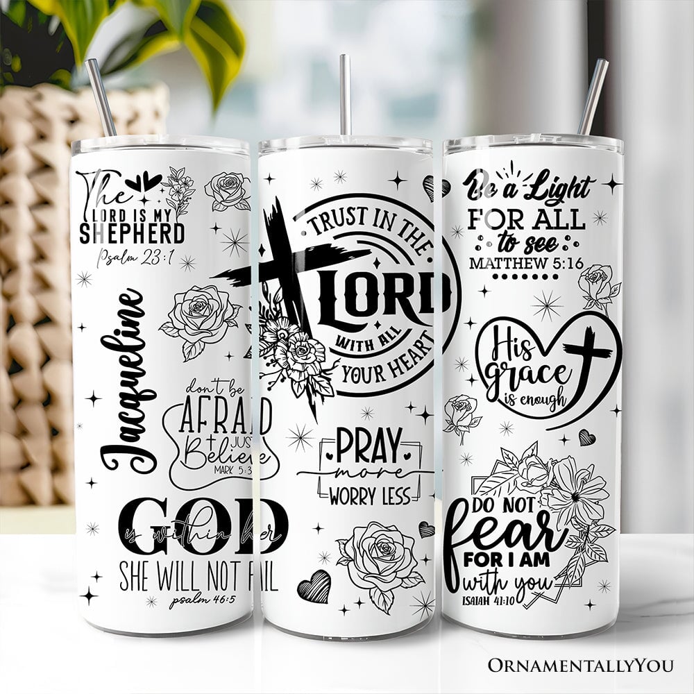Three white 20oz tumblers with lids and stainless steel straws, black floral bible verse designs