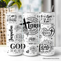 Three white 20oz tumblers with lids and stainless steel straws, black floral bible verse designs