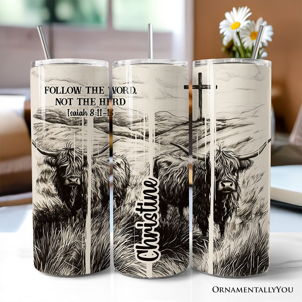 Three 20oz tumblers with lids and stainless straws; highland cow cross verse design