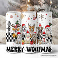 Personalized 20 oz tumbler with lid and straw, Isabella name and Merry Woofmas dog graphic