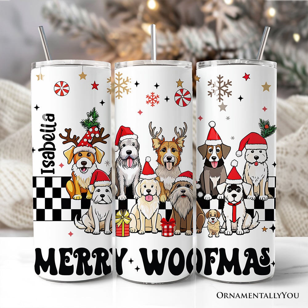 Personalized 20 oz tumbler with lid and straw, Isabella name and Merry Woofmas dog graphic