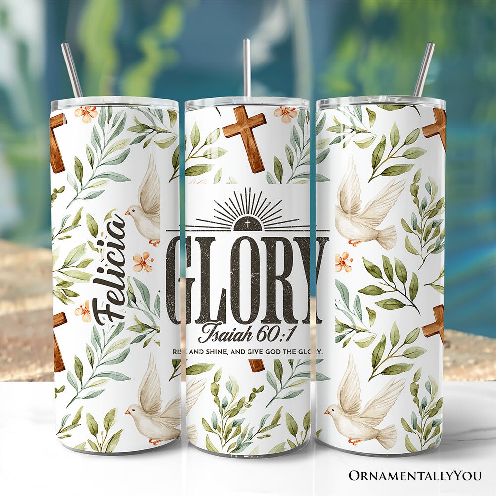 20oz Christian tumbler with lid and stainless straw, white with birds, leaves, and cross