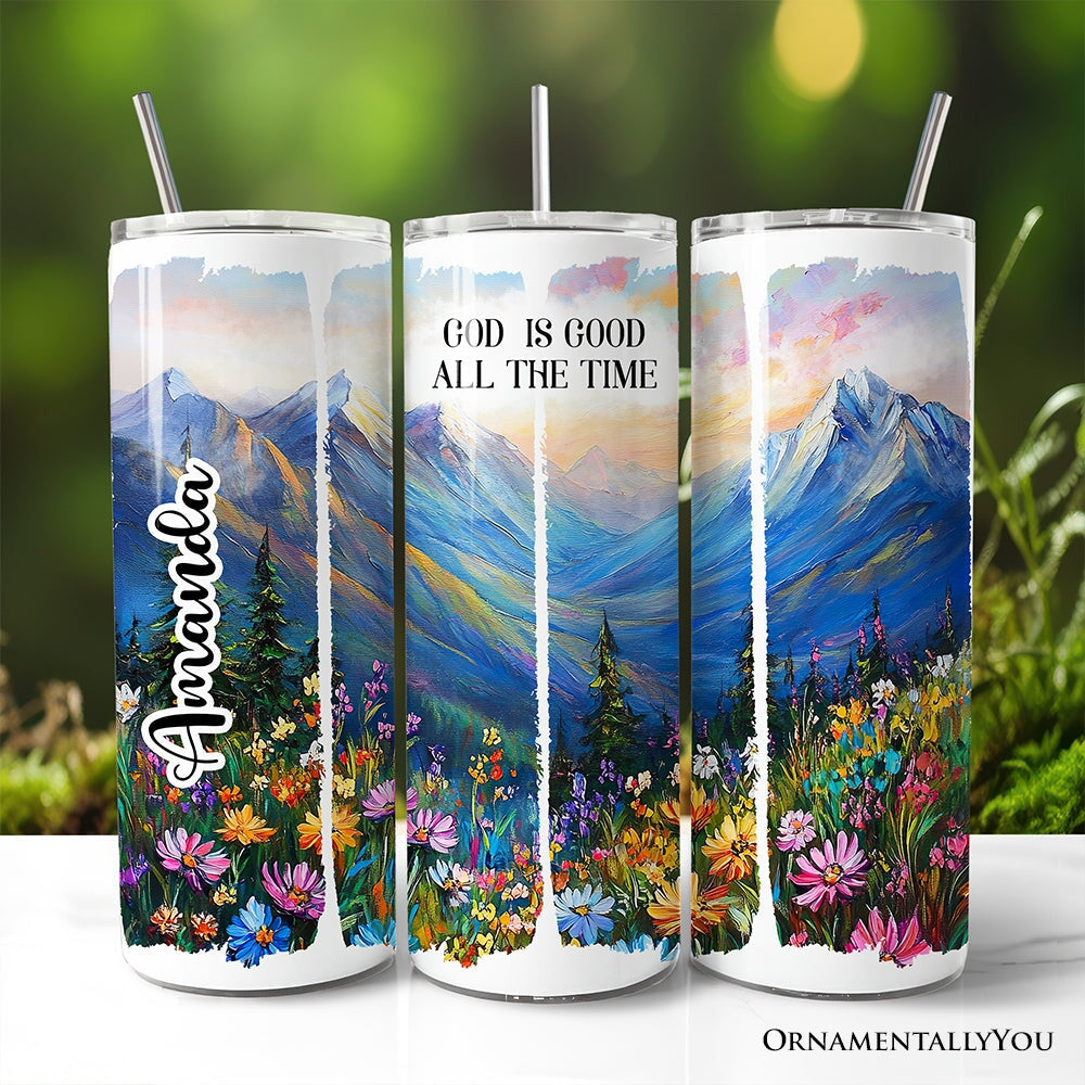 20oz personalized tumbler set, stainless lid and metal straw, mountains and flower art