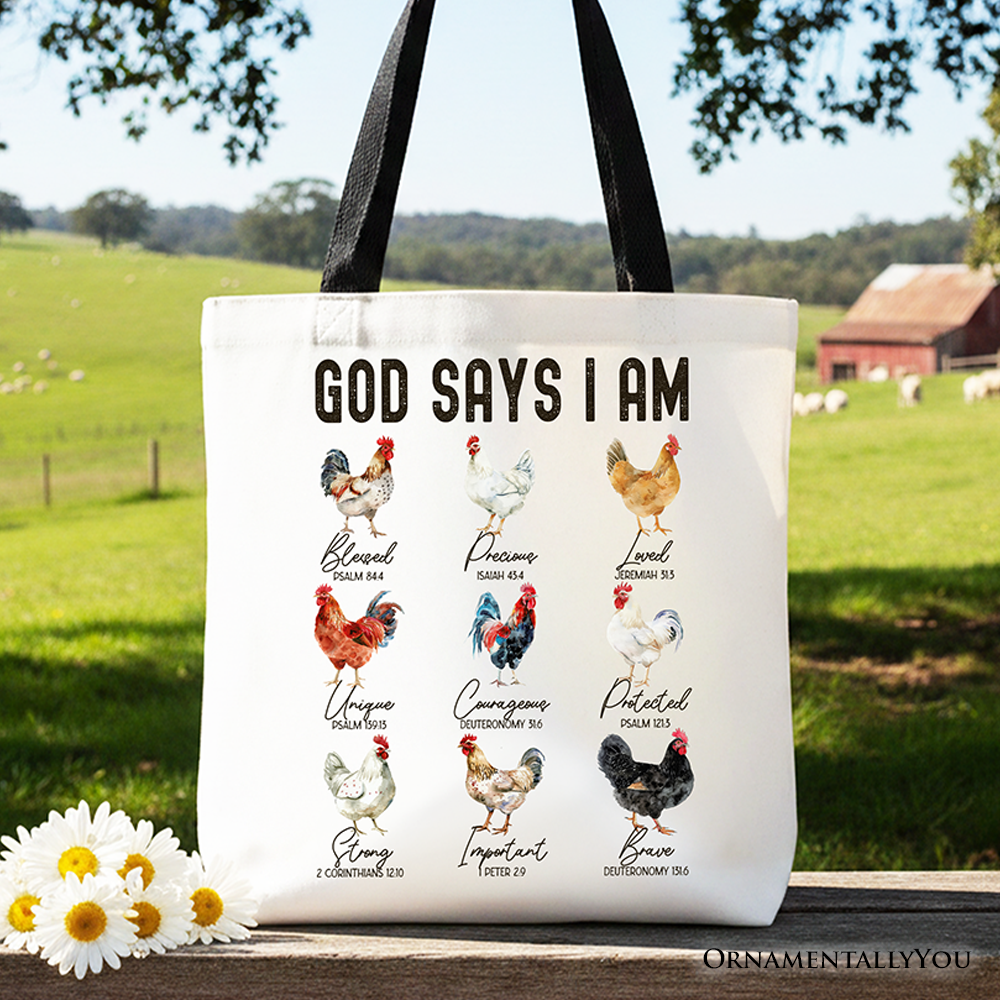 White tote bag front view with bold black text and rooster/chicken illustration