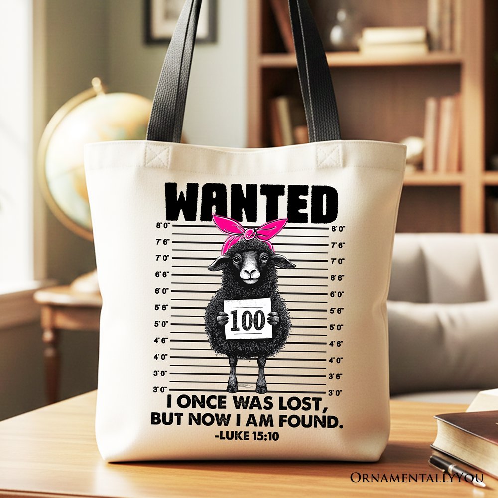 White tote bag with WANTED sheep graphic and Luke 15:10 text