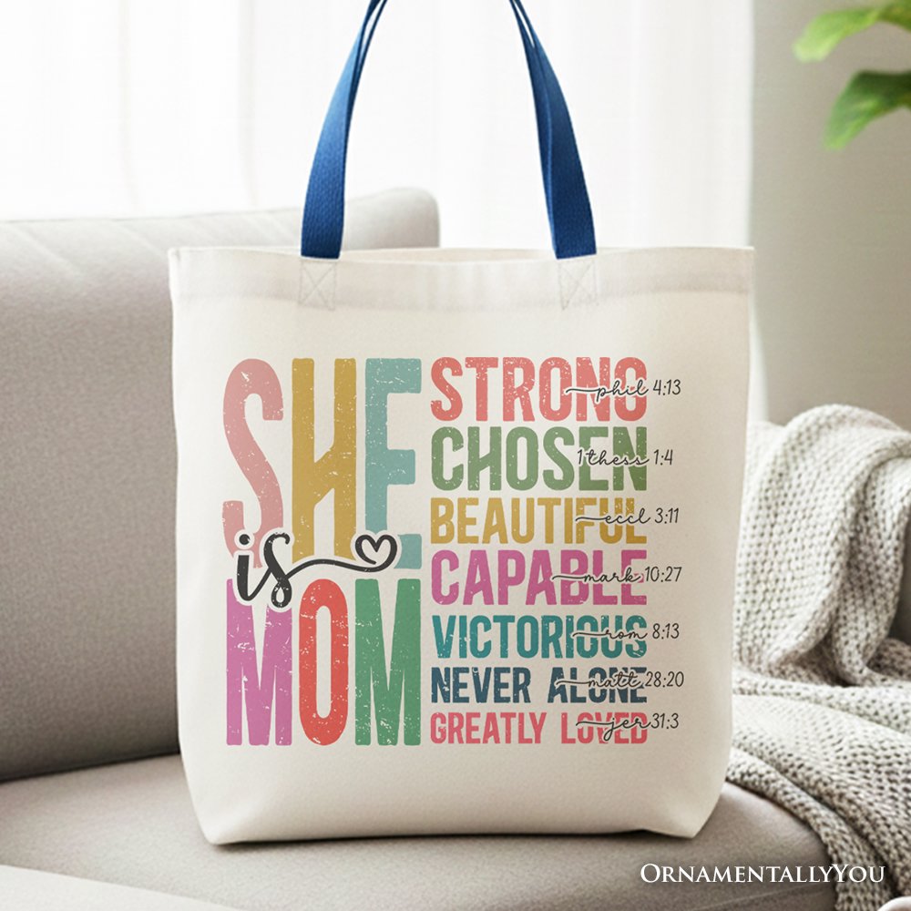 White canvas tote bag with navy handles and colorful affirmation print