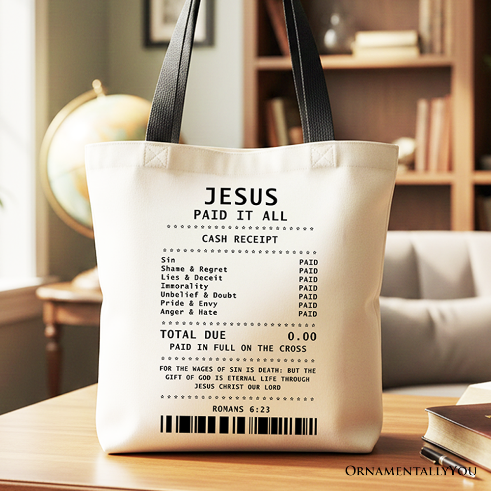 White cotton tote bag with black handles and scripture receipt print