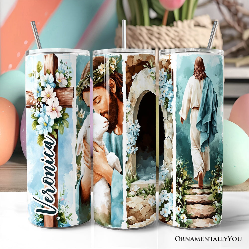 Easter blue tumbler with lid and stainless straw, floral and portrait wrap design.